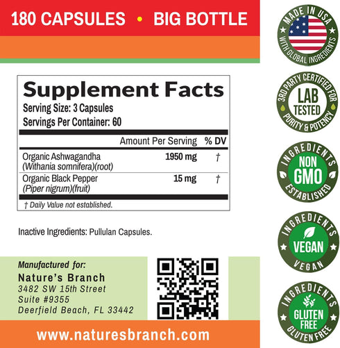 UDAF Certified Organic Ashwagandha with Black Pepper | 180 Capsules, 1965mg Extra Strength for Stress, Sleep, Mood
