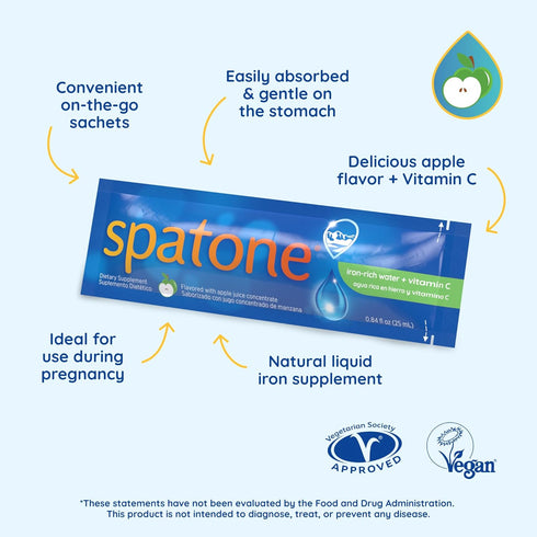 Spatone Natural Liquid Iron Supplement Plus Vit C for Women, Men & Kids Ages 4+, Ideal During Pregnancy, Easily Absorbed & Gentle, Vegan, Vegetarian, Apple Flavor, 28-Day, 5mg of Iron Per 20mL Sachet