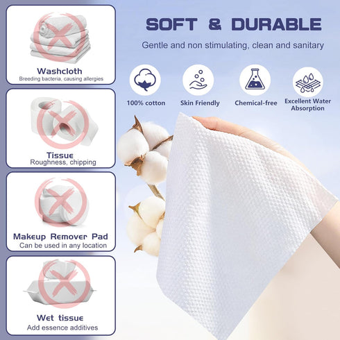 Disposable Face Towel, 100 Count Soft Cotton Dry Wipes for Washing and Cleansing, Facial Tissue for Skincare