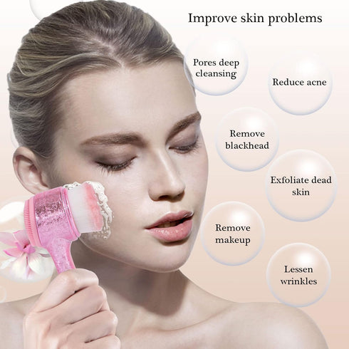 Face Brush 2 in 1 - Facial Cleansing Exfoliating Brush with Soft Bristles for Deep Cleansing, Ice Flower Pink