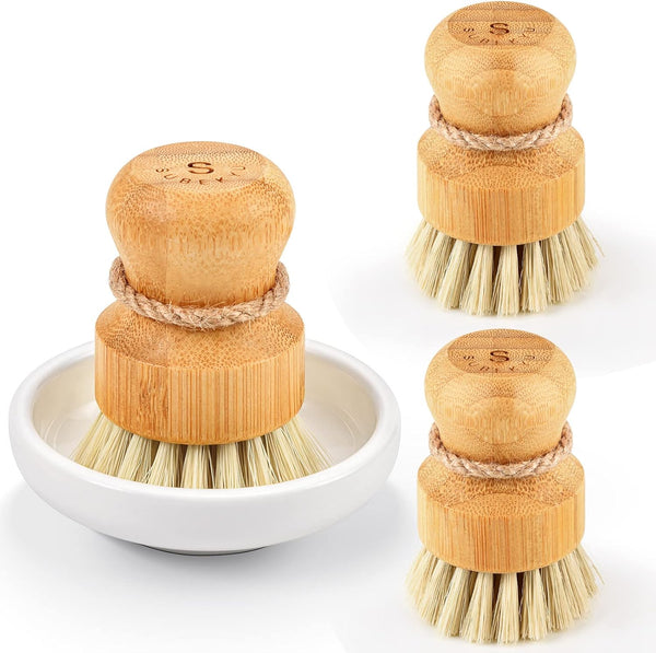 Bamboo Dish Scrub Brushes by Subekyu, Set of 3 Kitchen Wooden Cleaning Scrubbers for Cast Iron Pan/Pot