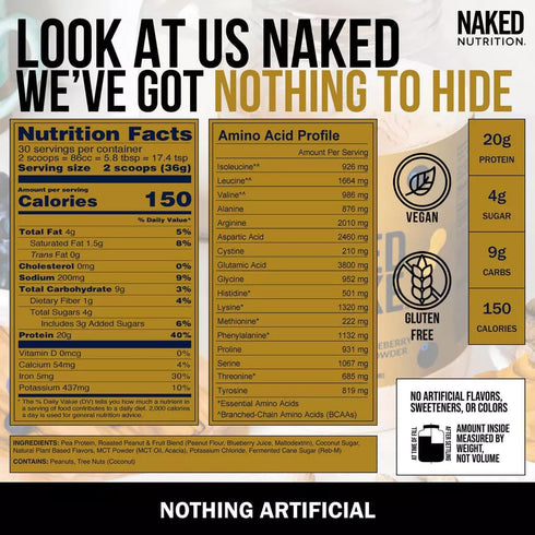 Naked Shake - Peanut Butter Blueberry Protein Powder, Plant Based with MCT Oil, Gluten-Free, 30 Servings