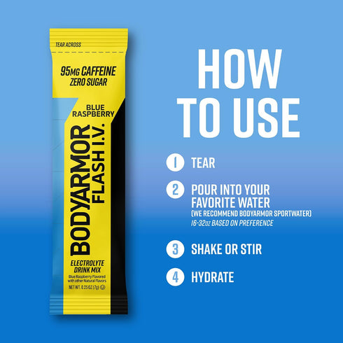 Packets Packs, (6 Count) BODYARMOR Caffeinated Flash I.V. Electrolyte Blue Raspberry - Zero Sugar Energy Drink Mix