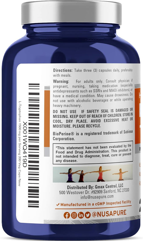 NusaPure L-Tryptophan 1500mg, 200 Vegetarian Caps, Non-GMO, Vegan with Bioperine