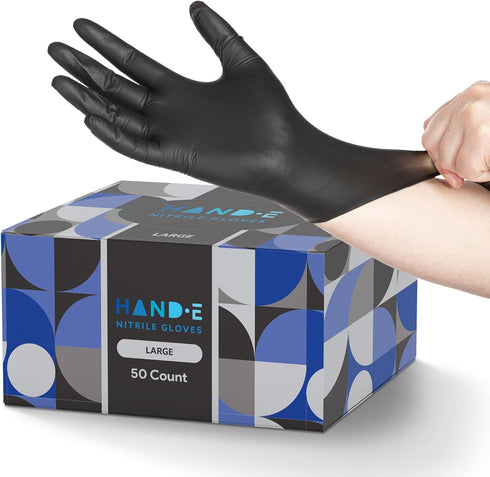 Hand-E Touch Black Nitrile Disposable Gloves, Latex Free for BBQ, Tattoo, Cooking, Mechanic
