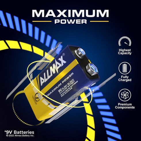 Allmax 9V Maximum Power Alkaline Batteries (4 Count) – Ultra Long-Lasting, 7-Year Shelf Life, Leakproof Design, Maximum Performance