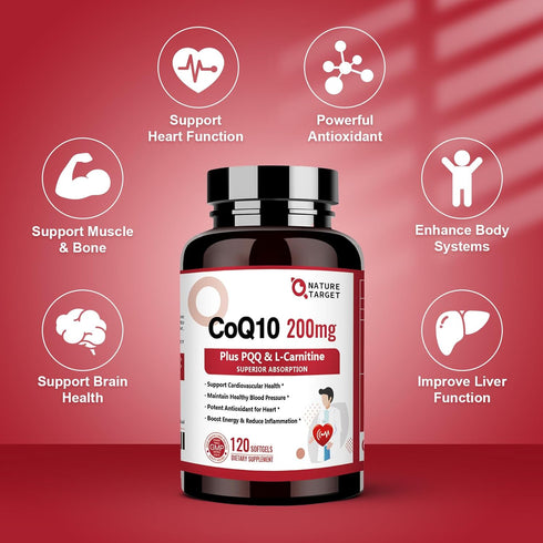 NATURE TARGET CoQ10-200mg with PQQ, L-Carnitine & Omega-3s - High Absorption Coenzyme-Q10, Supports Heart & Immune