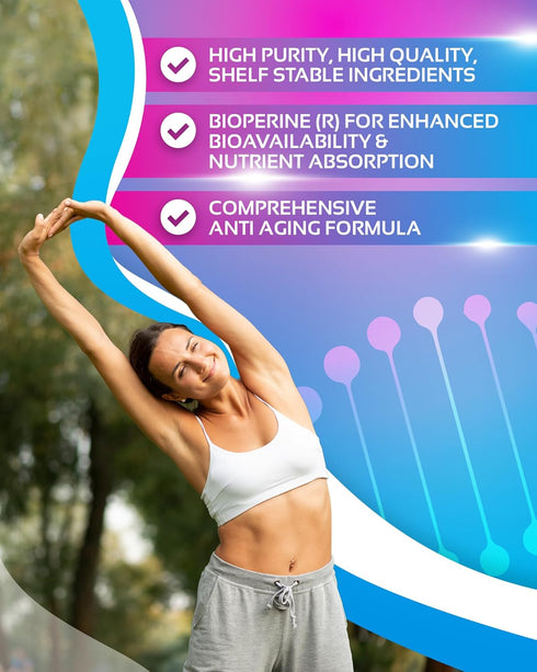 NR + Resveratrol Supplement for NAD, DNA & Cellular Health, Longevity, Vitality, 5-in-1 Anti Aging Formula with