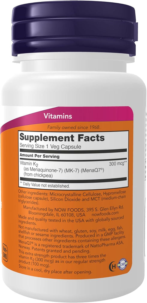 K2 (MK-7) 300 60 NOW Foods Supplements, Vitamin mcg, Extra Strength, Supports Bone Health*, Veg Capsules