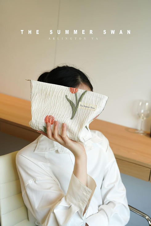 Large Aesthetic Makeup Bag - Floral Mid-day Clutch, Period Kit, Hygiene, and Skincare Bag (Tulip)