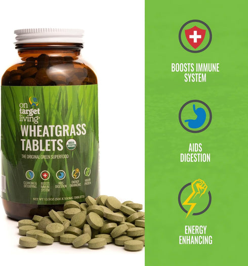 On Target Living Wheatgrass Tablets - 500 Tablets | USDA Organic Dietary Supplement