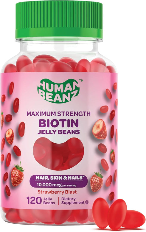 Biotin Jelly Bean Gummy Vitamins, Max Strength 10000mcg for Hair, Skin and Nails, 120 Strawberry Blast Jelly Beans,