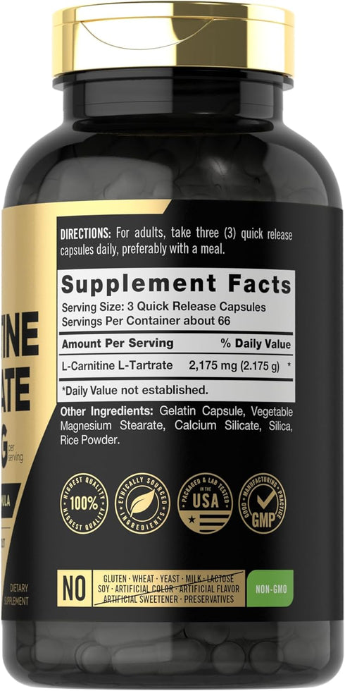 Carlyle L-Carnitine Tartrate 2175mg, 200 Capsules, Advanced Athlete Workout Supplement, Non-GMO, Gluten Free