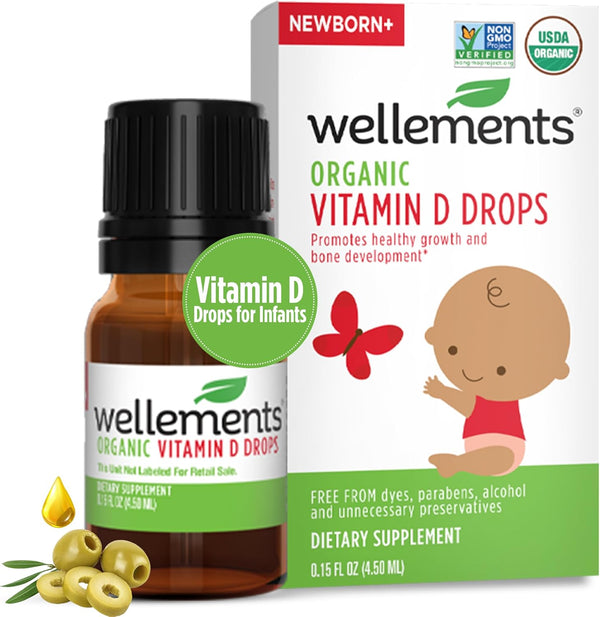 Wellements Baby Organic Vitamin D Drops – Certified Liquid Vitamin D3 for Infants & Toddlers (0.15 Fl Oz)