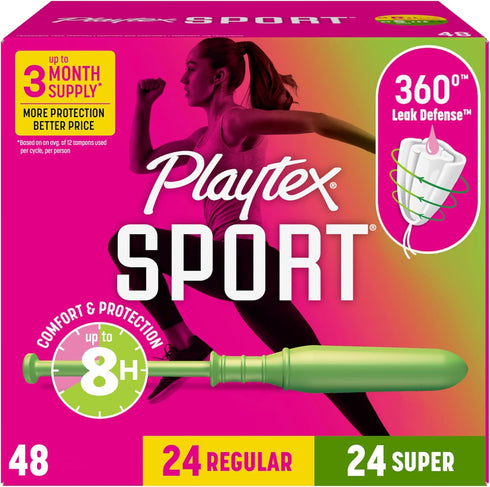 Playtex Sport Tampons Multipack (24ct Regular/24ct Super), Fragrance-Free - 48ct | Tampons