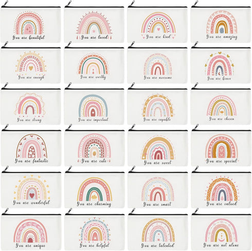 24 Pcs Rainbow Cosmetic Bags, Motivational Quotes Makeup Pouch with Zipper, Inspirational Gifts for Women