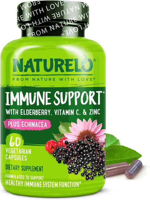NATURELO Immune Support Vitamin C, Elderberry, Zinc, Echinacea Natural Immunity Boost w/Antioxidant,