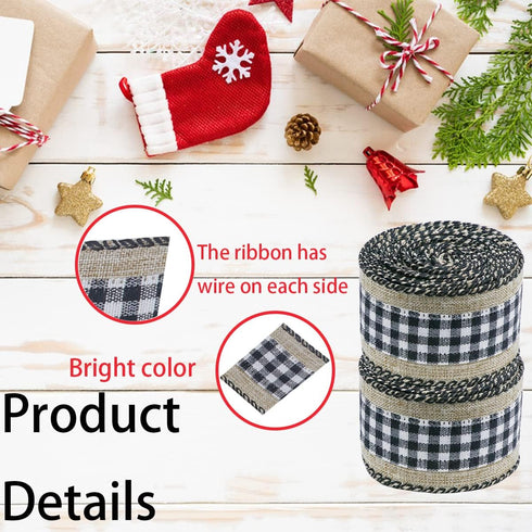 2 Rolls Buffalo Plaid Ribbons, 8 Yards Each, 2" Wide Wired Edge Gingham Fabric for Gift DIY Bows