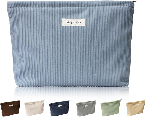 Wudygirl Makeup Bag, Portable Cosmetic Travel Bag for Women and Girls, Large Capacity Corduroy Toiletry Bag (Light Blue)
