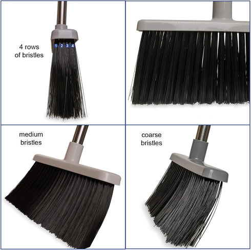 BristleComb Outdoor Broom & Dustpan Set - 49" Long Adjustable Broom, Self-Cleaning Comb & 2 Interchangeable Heads