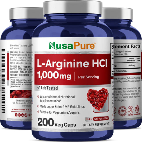 NusaPure L-Arginine - 1000 mg, 200 Veggie Capsules (Non-GMO, Vegetarian, Vegan)