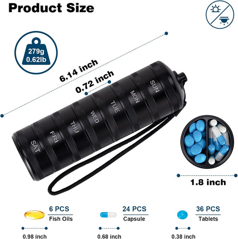Weekly Metal Pill Organizer - XHT Portable Waterproof Travel Pill Box 7 Day, Heavy Duty Twice Daily Pill Case