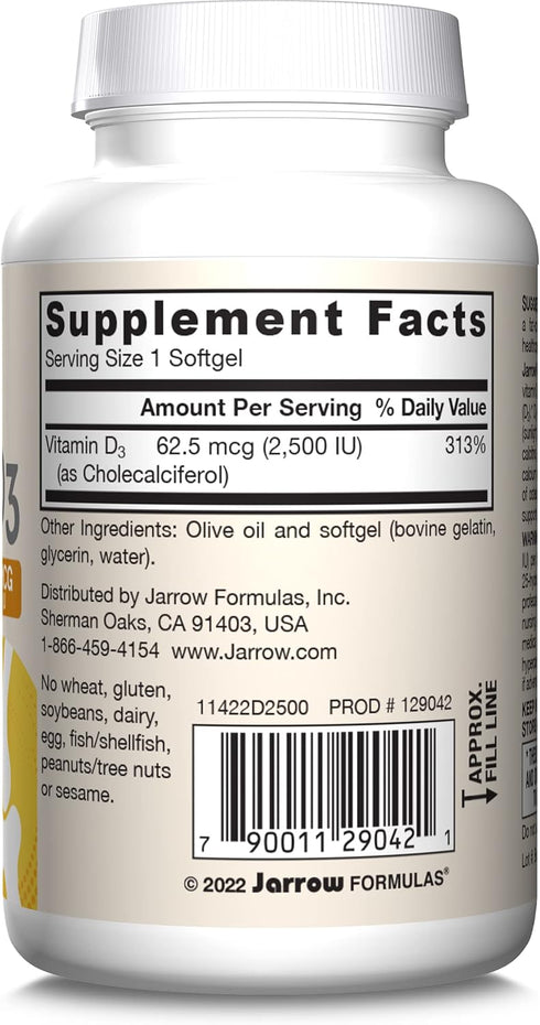 Jarrow Formulas Vitamin D3 62.5 mcg (2,500 IU), 100 Servings Softgels for Bone Health & Immune Support