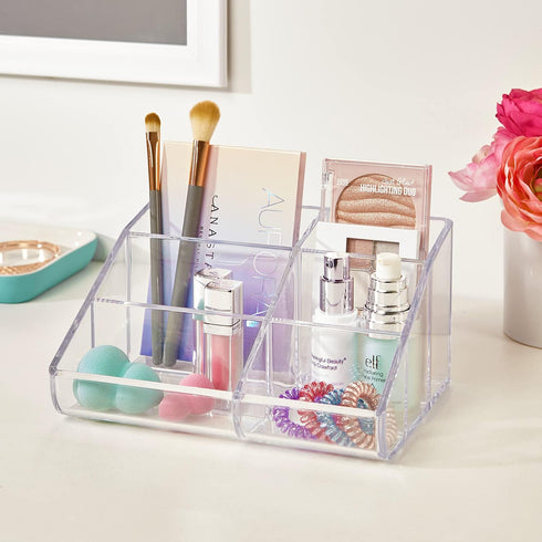 STORi Clear Plastic Vanity Makeup Organizer with 6 Compartments for Brushes, Eyeshadow Palettes, Beauty Supplies