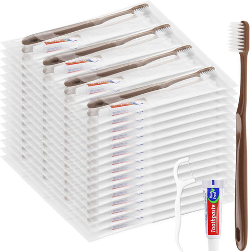 Disposable Toothbrushes with Toothpaste, Travel Toothbrush Kit, Individually Packaged, Brown, with Floss