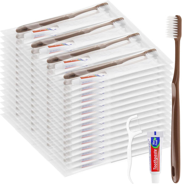 Disposable Toothbrushes with Toothpaste, Travel Toothbrush Kit, Individually Packaged, Brown, with Floss
