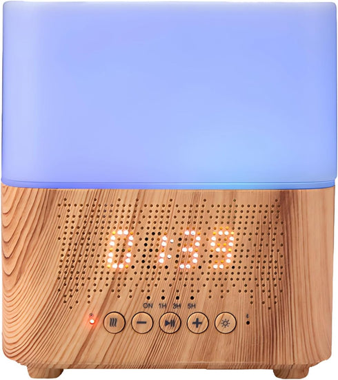 LUMINFLY Essential Oil Diffuser Wireless Speaker, 300Ml Alarm Clock, Night Light, Wood Grain,