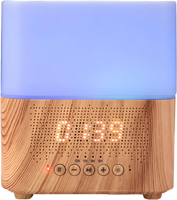 LUMINFLY Essential Oil Diffuser Wireless Speaker, 300Ml Alarm Clock, Night Light, Wood Grain,