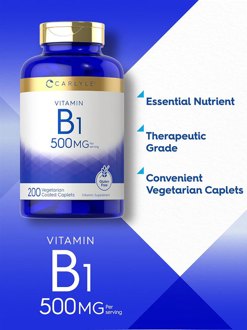 Carlyle Vitamin B1 500mg (Thiamine), 200 Vegetarian Caplets, Non-GMO and Gluten Free Supplement