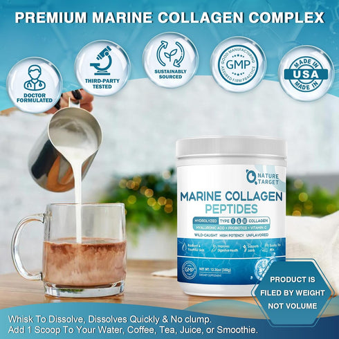 Marine Collagen Peptides Powder - Type I & III Hydrolyzed Collagen with Probiotics, Vitamin C & Hyaluronic Acid for