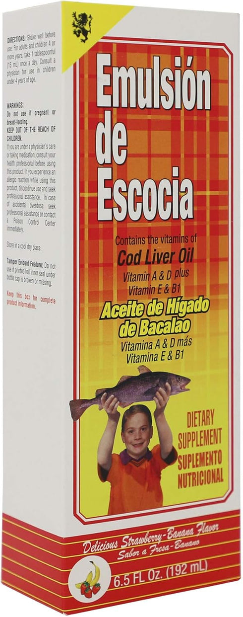 EMULSION DE ESCOCIA Cod Liver Oil Liquid, Strawberry-Banana Flavor, 2 Pack (6.5 fl oz Each), with Vitamins A, D, E & B1