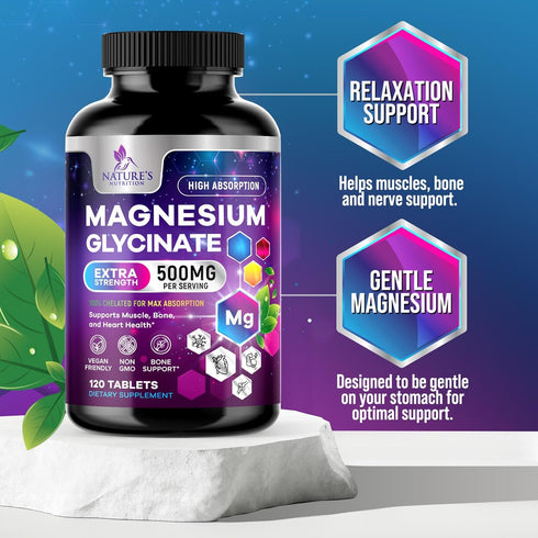 Magnesium Glycinate 500mg | High Absorption Chelated Supplement for Bone, Muscle, Nerves & Heart Health | 120 Tablets,