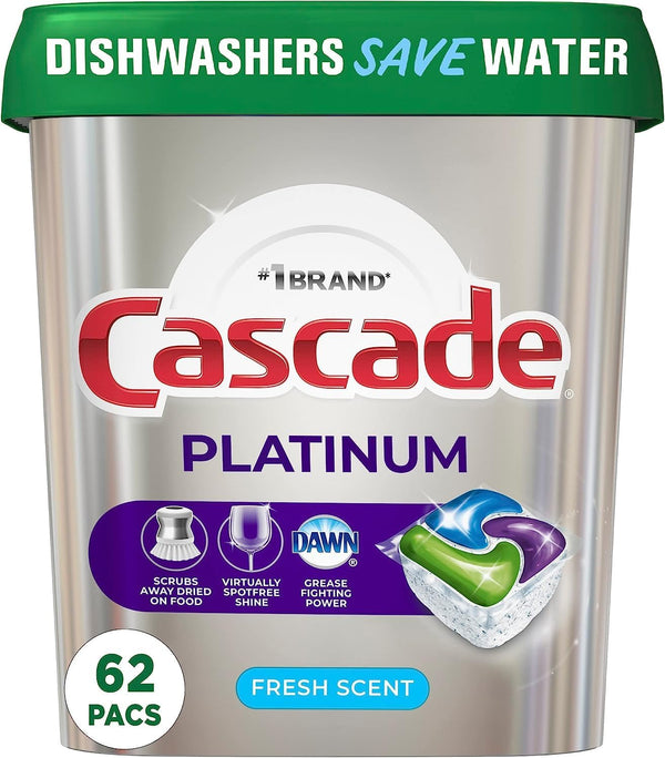 Cascade Platinum Dishwasher Pods, Detergent Soap Pods, Actionpacs with Cleaner and Deodorizer Action, Fresh, 62 Count