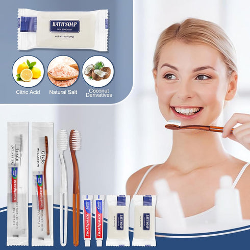 50 Pack Disposable Toothbrushes with Toothpaste and Soap Individually Wrapped, 50 pcs Toothbrushes (2 Colors) with 50 pcs Mini Bar Soap (14g/0.5 oz)