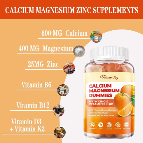 Calcium Magnesium Zinc Gummies with Vitamin D3 & K2, Sugar Free Supplement for Adults and Kids