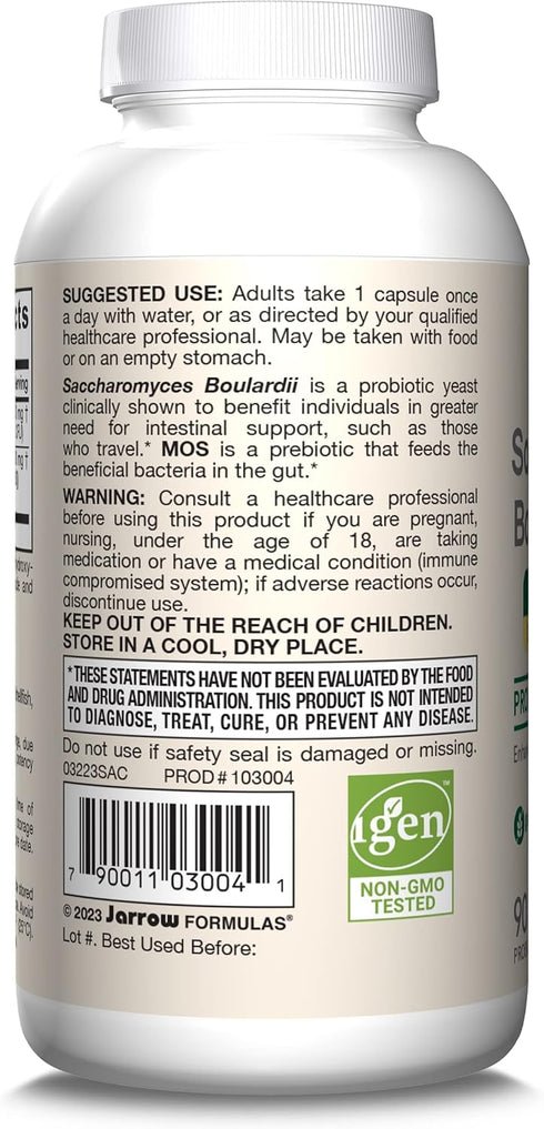 Jarrow Formulas Saccharomyces Boulardii Probiotics + MOS, 5 Billion CFU, 90 Veggie Capsules