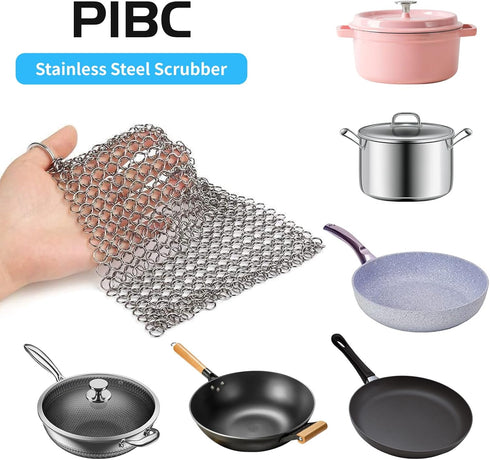 Cast Iron Cleaner 8"x6" Chainmail Scrubber, 316L Stainless Steel for Griddle, Skillet, Dutch Oven, Wok