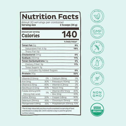 KOS Vegan Protein Powder, Unflavored & Unsweetened, Low Carb Pea Protein Blend, Organic Superfood, Meal Replacement for
