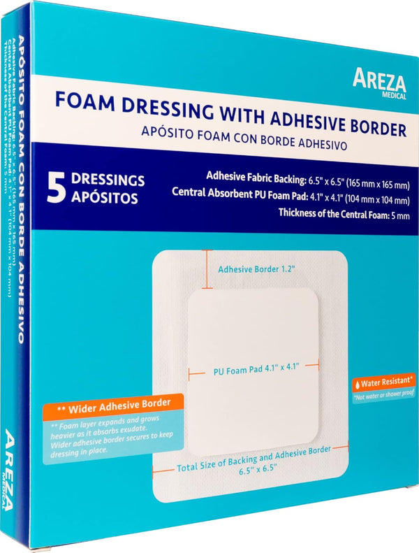 Areza Medical Foam Wound Dressing, Sterile Polyurethane, 6.5" x 6.5" (16.5 cm x 16.5 cm), Adhesive Border, 5 PCS