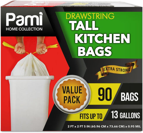 PAMI Tall 13-Gallon Kitchen Drawstring Trash Bags, 90-Pack, White, Extra-Strong Plastic Garbage Bags for Kitchen