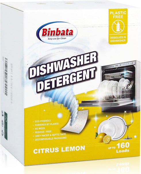 Eco Dishwasher Detergent Sheets, Up to 160 Loads, Citrus Lemon Scent, Plastic Free Dishwashing Soap Strips