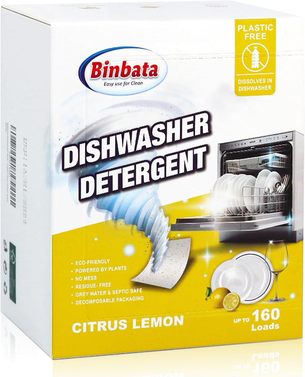 Eco Dishwasher Detergent Sheets, Up to 160 Loads, Citrus Lemon Scent, Plastic Free Dishwashing Soap Strips