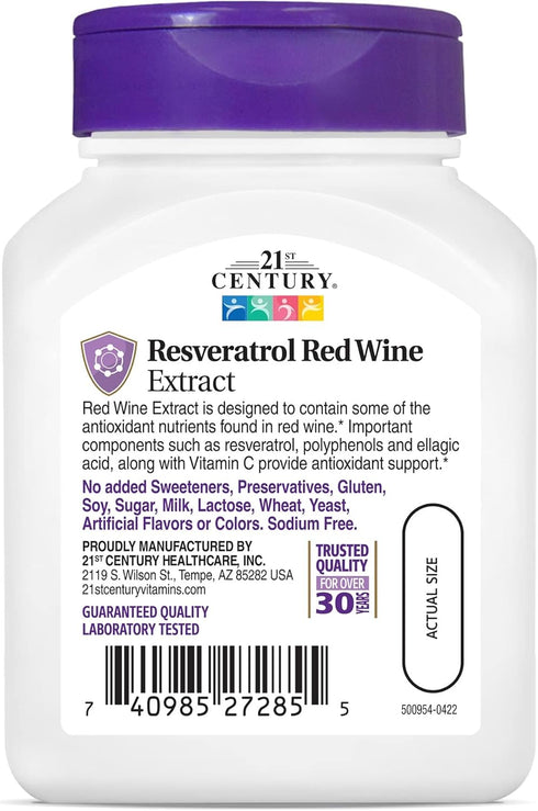 21st Century Resveratrol Red Wine Extract Capsules - 90 Count for Antioxidant Support.