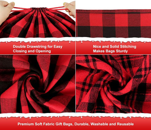 HRX Package 2 Pcs Cotton Santa Bag, 28x20 Inch Plaid Fabric Drawstring Christmas Bags with Gift Tag