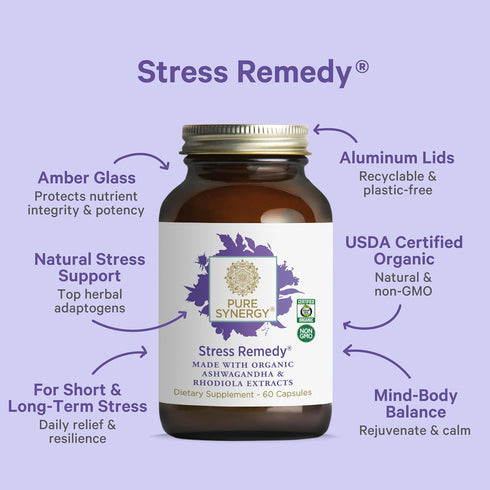 PURE SYNERGY Stress Remedy Supplement with Ashwagandha | Organic Adaptogen Support from Rhodiola, Lemon Balm, 60