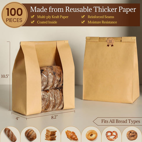 PILABEL 80 Pack 14x8.3x3.5 Inch 100 Packaging Large Sourdough Bread Bags with Window and Tin Tie, Kraft Paper Bakery